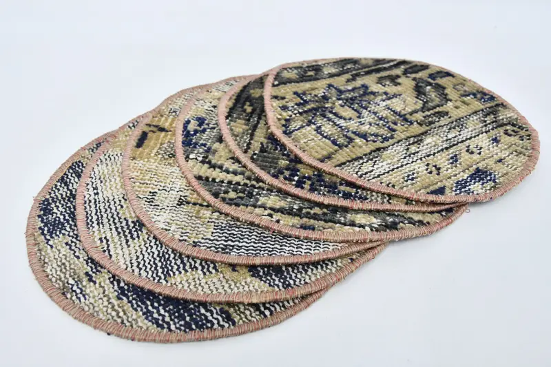 ボヘミアン ブルー & ブラウン サークル プレースマット、コットン & ウール プレースマット