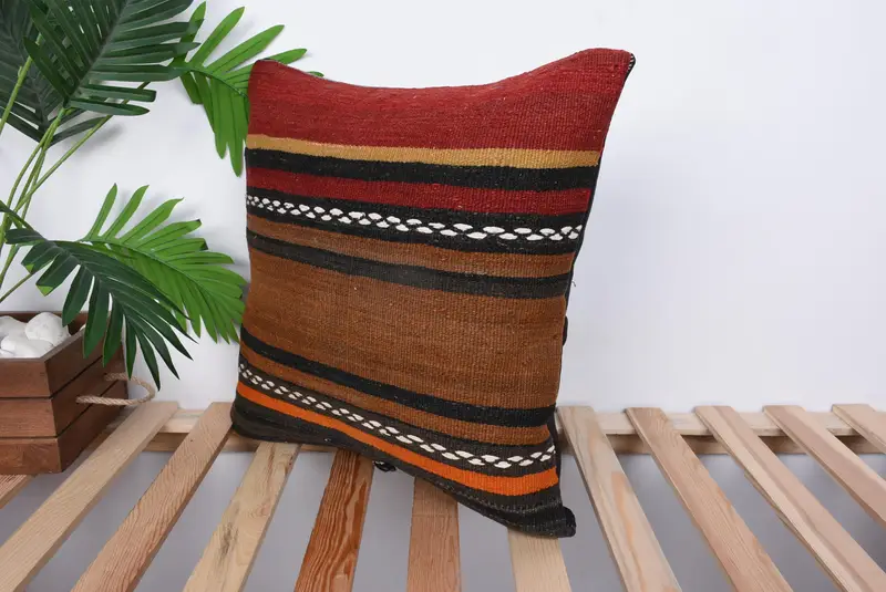 Kilim Pillow, Vintage Throw Pillow Case, Turkish Pillow, Ethnical Kilim Rug Pillow, 18x18 Brown Cushion Case, Natural Cushion Case, Cushion Cover - 5