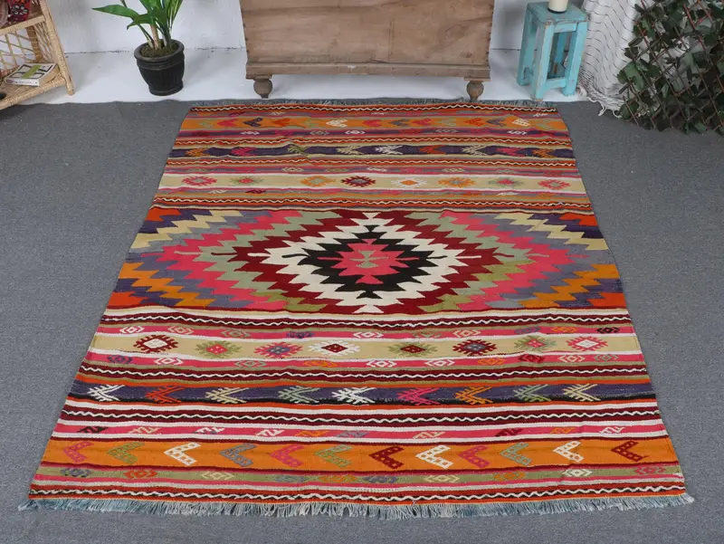 Rainbow Striped Rug, 5,3x5,9 ft Vibrant Geometric Patterns