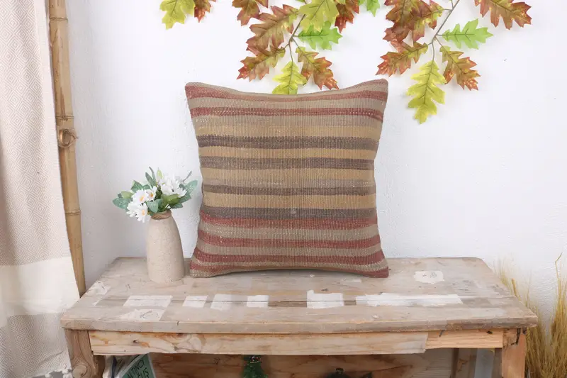 Outdoor Bolster Pillow Cover, Pillow Sham, Boho Pillow, 16x16 Brown Pillow Case, Kilim Cushion Sham, Vintage Kilim Throw Pillow - 1