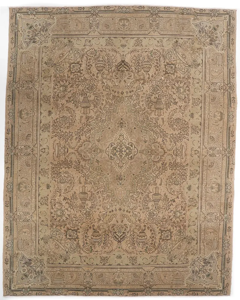 Zarif Kahverengi ve Yeşil İran Halısı, 10x12,6 ft