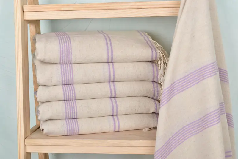 Beach Towel Lilac Cotton Striped Handmade 36x79 Inches