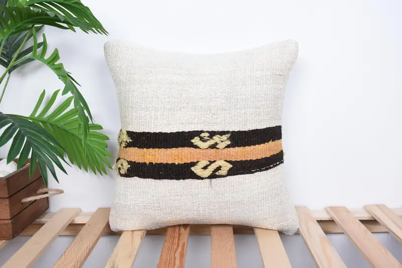 Handwoven Pillow Cover Pillow, 16x16 White Pillow Case, Ethnical Kilim Rug Pillow, Vintage Pillow, Pillow for Couch, Pillow Sham - 1