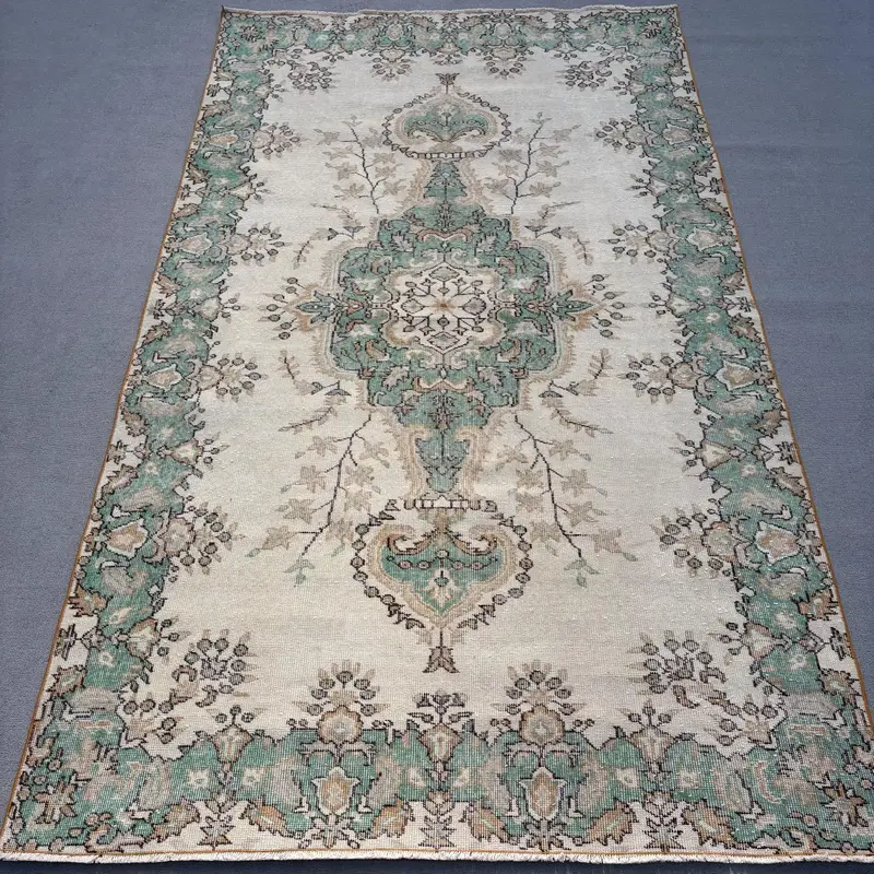 Turkish 5.4x9.3 ft Rug, Oushak Vintage Rug, Green Check Rug Wool - 1