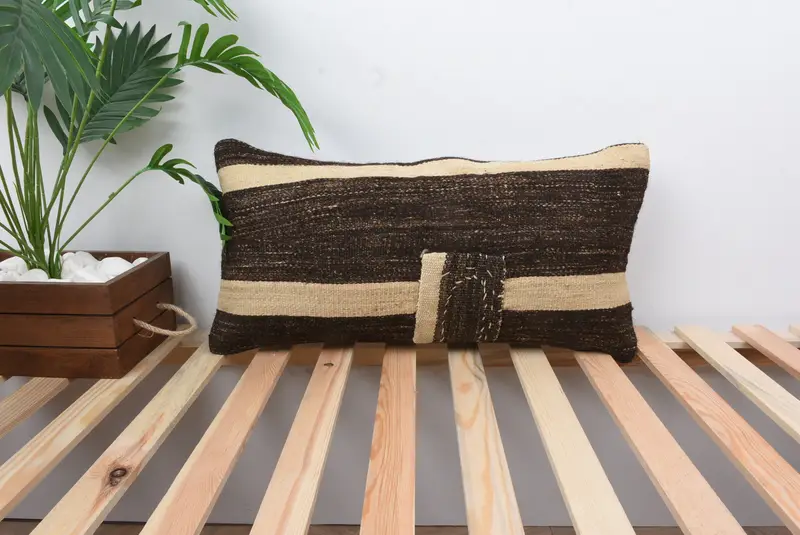 Ethnic Throw Cushion Case, Pillow for Sofa, Handmade Pillow Cover, Pillow for Couch, Throw Kilim Pillow, Pillow Sham, 12x24 Brown Pillow Sham - 1