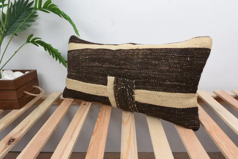 Ethnic Throw Cushion Case, Pillow for Sofa, Handmade Pillow Cover, Pillow for Couch, Throw Kilim Pillow, Pillow Sham, 12x24 Brown Pillow Sham - 5