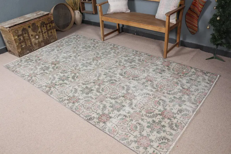 4.84x8.8 ft Vintage Halı, Oushak Halı, Yeşil Çiçekli Halı Yün - 1