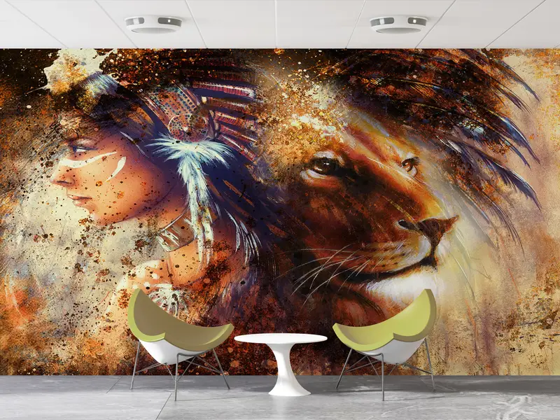 Lion Wall Poster, Indian Woman and Lion Portrait Wallpaper, Woman Wall Mural, Native American Wall Mural, Abstract Wall Mural, - 3