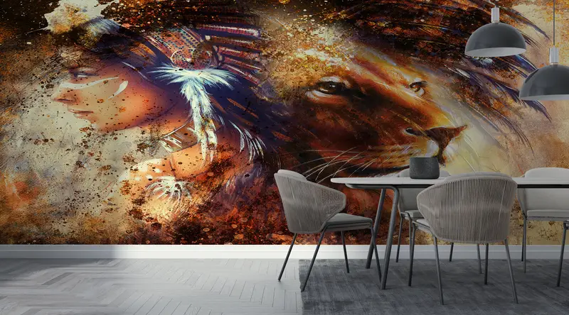 Lion Wall Poster, Indian Woman and Lion Portrait Wallpaper, Woman Wall Mural, Native American Wall Mural, Abstract Wall Mural, - 2