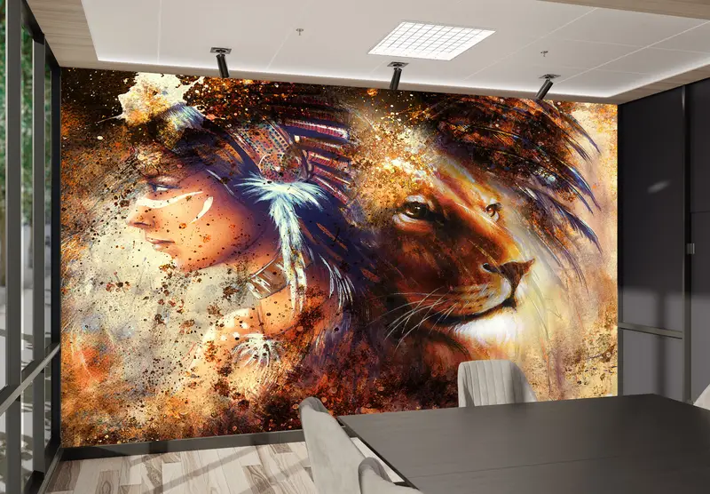 Lion Wall Poster, Indian Woman and Lion Portrait Wallpaper, Woman Wall Mural, Native American Wall Mural, Abstract Wall Mural, - 5