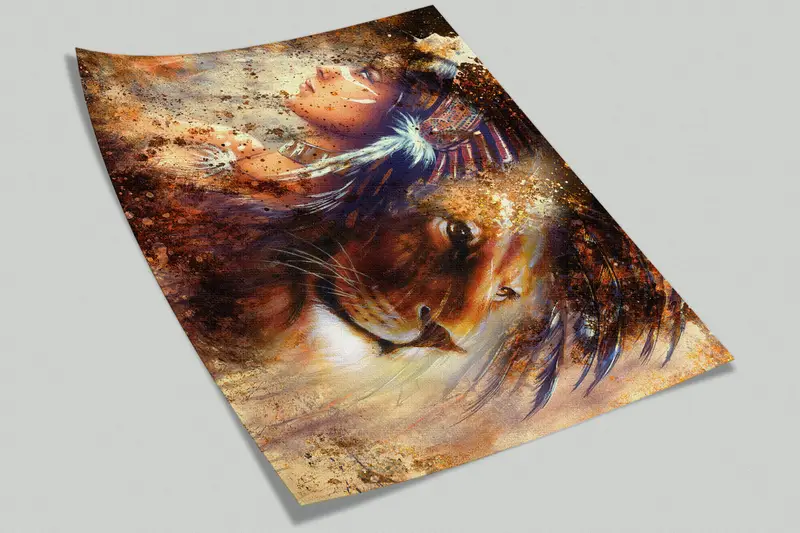 Lion Wall Poster, Indian Woman and Lion Portrait Wallpaper, Woman Wall Mural, Native American Wall Mural, Abstract Wall Mural, - 7
