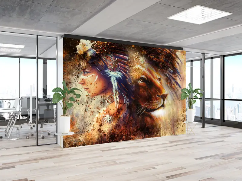 Lion Wall Poster, Indian Woman and Lion Portrait Wallpaper, Woman Wall Mural, Native American Wall Mural, Abstract Wall Mural, - 6