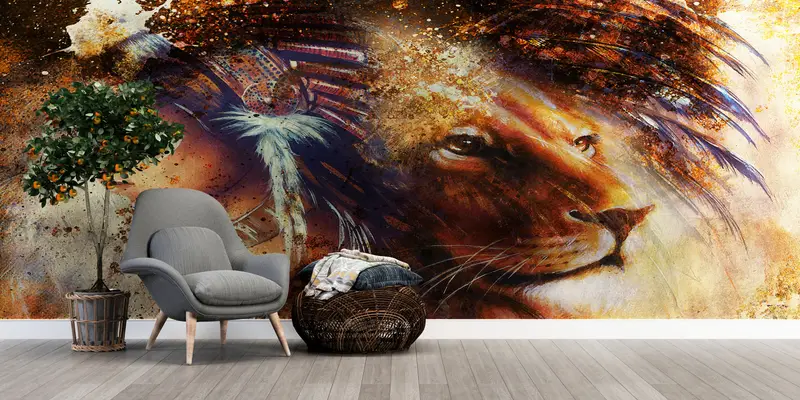Lion Wall Poster, Indian Woman and Lion Portrait Wallpaper, Woman Wall Mural, Native American Wall Mural, Abstract Wall Mural, - 4