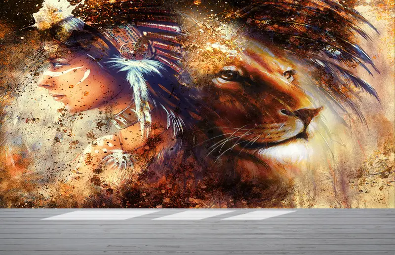 Lion Wall Poster, Indian Woman and Lion Portrait Wallpaper, Woman Wall Mural, Native American Wall Mural, Abstract Wall Mural, - 10