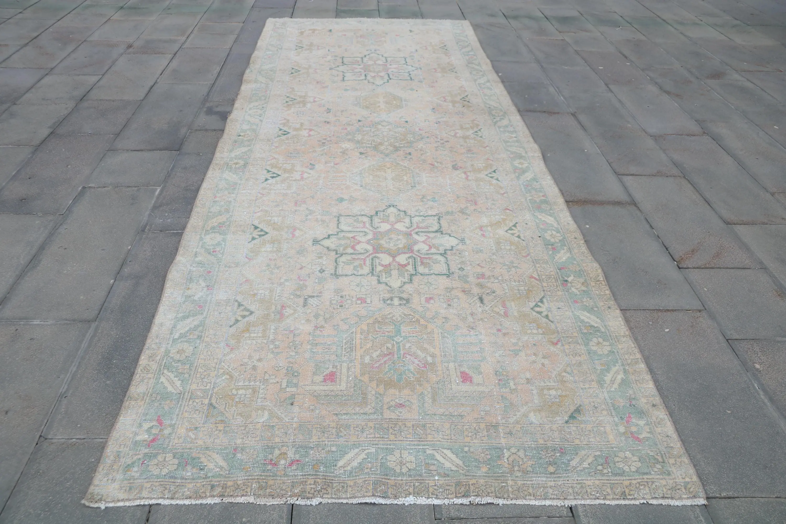 4.4x12.6 ft Turkish Vintage Rug, Runner Rug, Green Bordered Rug - 1
