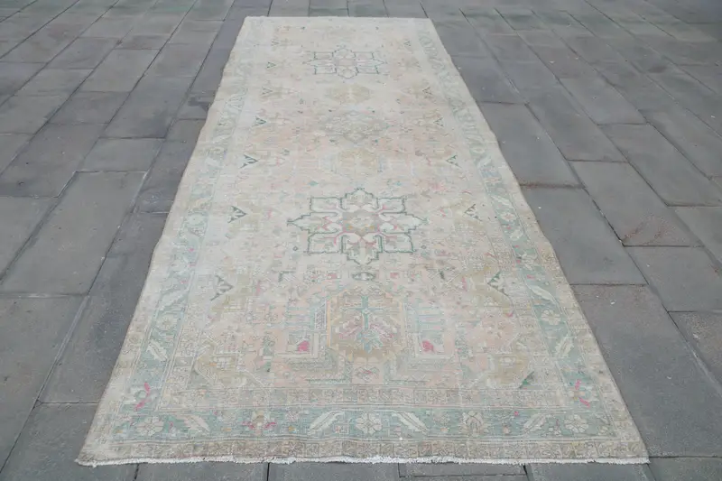 鮮やかなオレンジのラグ、4.4x12.6フィートのグリーンボーダー