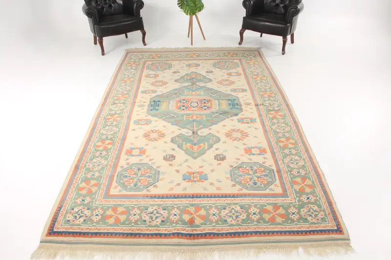 6,3x10,9 ft türkischer Oushak-Teppich, Vintage-Teppich, blauer Wollteppich mit Pflanzen und Bäumen - 1