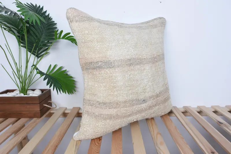 Pillow for Couch, Sustainable Pillow Sham, 24x24 Beige Pillow Cover, Cushion, Square Throw Cushion, Antique Pillows, Turkish Kilim Pillow - 4