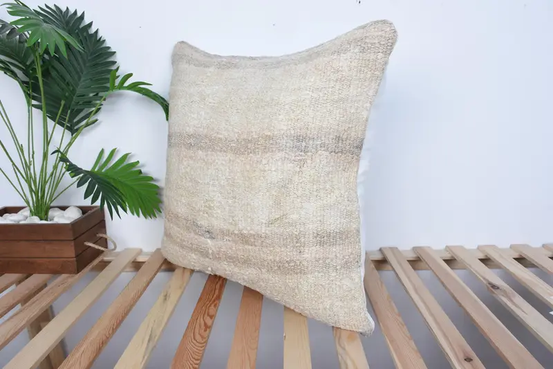 Pillow for Couch, Sustainable Pillow Sham, 24x24 Beige Pillow Cover, Cushion, Square Throw Cushion, Antique Pillows, Turkish Kilim Pillow - 5