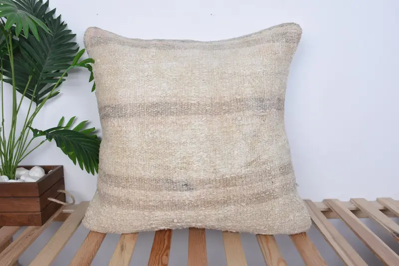 Pillow for Couch, Sustainable Pillow Sham, 24x24 Beige Pillow Cover, Cushion, Square Throw Cushion, Antique Pillows, Turkish Kilim Pillow - 1