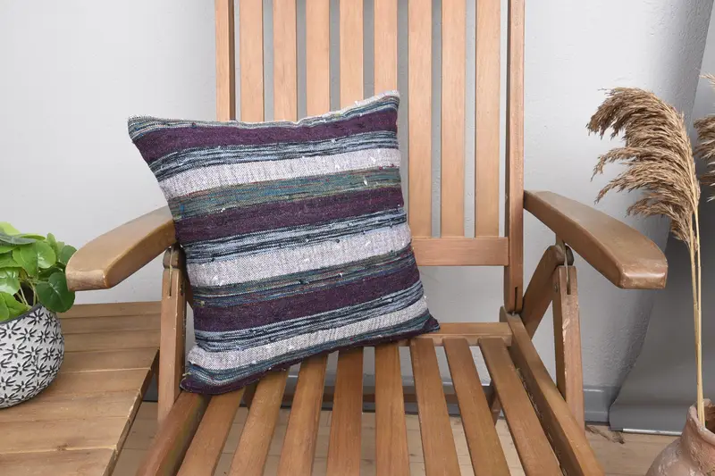 Purple Turkish Cushion Case, Moroccan 40x40 cm Pillow Sham, Striped Chair Cushion - 1