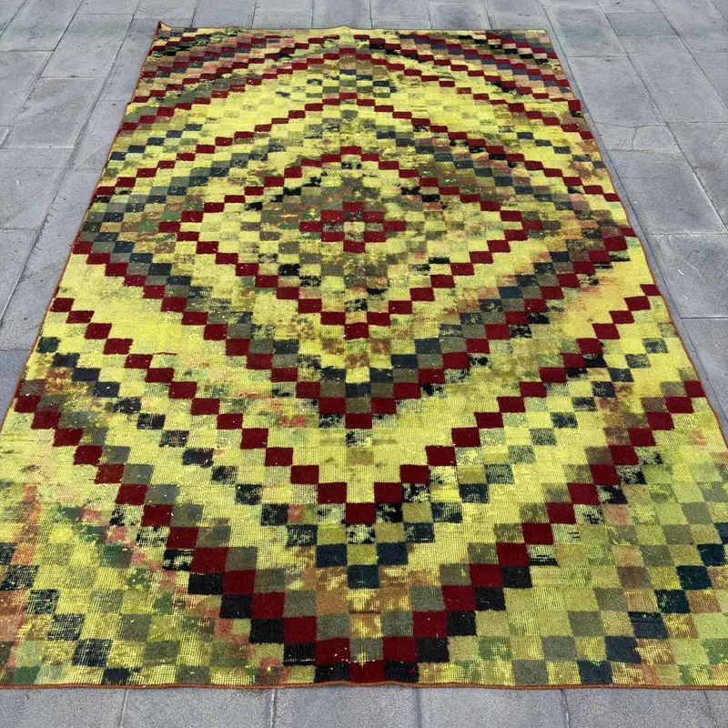 Vibrant Yellow & Red Rug, 6.4x10.5 ft Patchwork Design