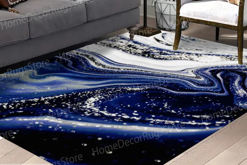ネイビーブルーの大理石のきらめくプリントラグ: モダンで豪華なデザイン