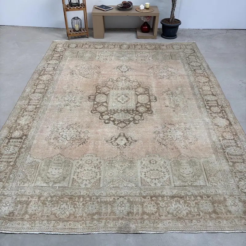 Oushak Rug, 9.5x12.5 ft Turkish Rug, Beige Ikat Rug Wool - 1