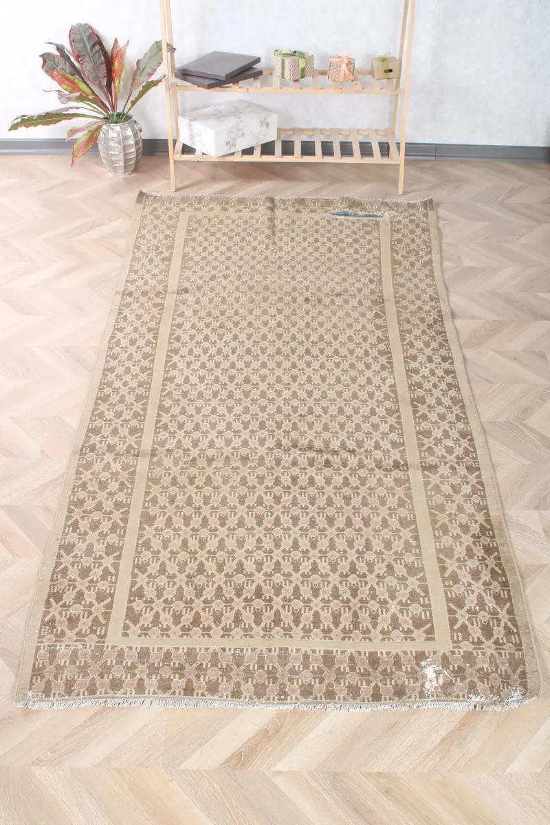 Türkischer Vintage-Übergröße-Teppich, 120 x 250 cm, braun karierter Oushak-Teppich - 1
