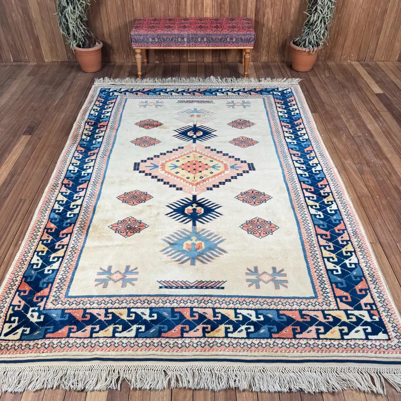 Vintage Turkish Rug, 6.7x9.5 ft Large Rug, Blue White Southwestern Wool Rug - 1