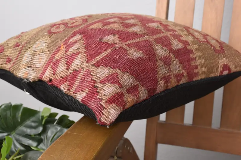 Throw Kilim Pillow, 14x14 Red Cushion, Wool Kilim Pillow Pillow Case, Turkish Pillow, Pillow Sham, Turkish Rugs Pillow Case, Vintage Kilim Pillow - 6