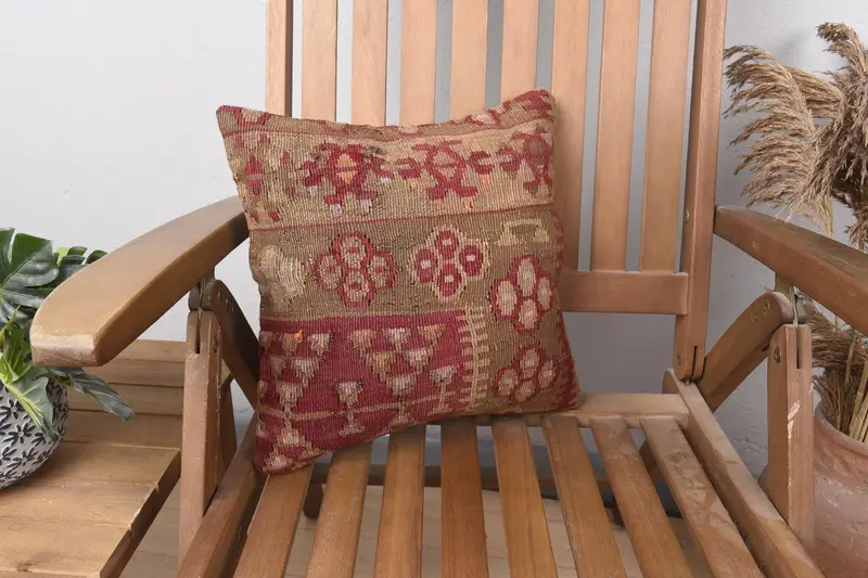 Throw Kilim Pillow, 14x14 Red Cushion, Wool Kilim Pillow Pillow Case, Turkish Pillow, Pillow Sham, Turkish Rugs Pillow Case, Vintage Kilim Pillow - 1