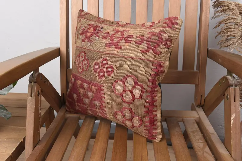 Throw Kilim Pillow, 14x14 Red Cushion, Wool Kilim Pillow Pillow Case, Turkish Pillow, Pillow Sham, Turkish Rugs Pillow Case, Vintage Kilim Pillow - 3