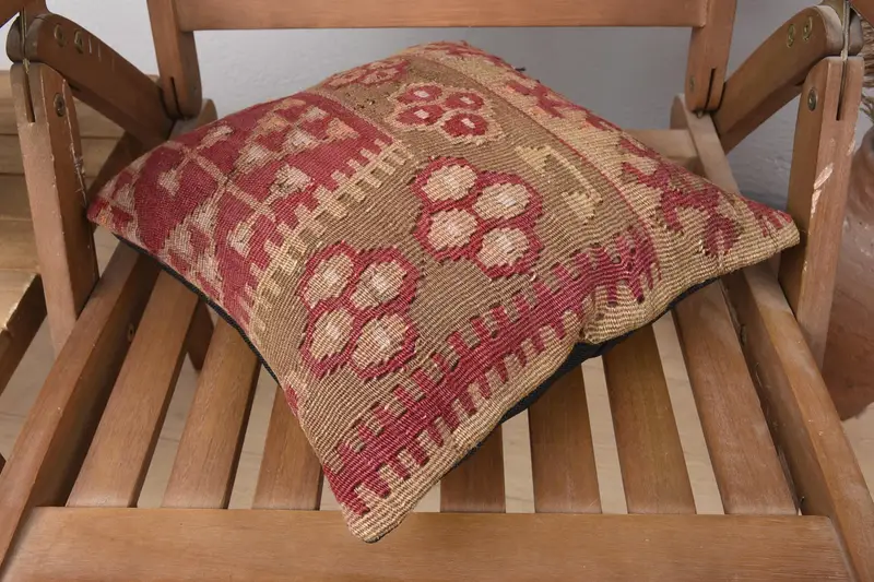 Throw Kilim Pillow, 14x14 Red Cushion, Wool Kilim Pillow Pillow Case, Turkish Pillow, Pillow Sham, Turkish Rugs Pillow Case, Vintage Kilim Pillow - 4