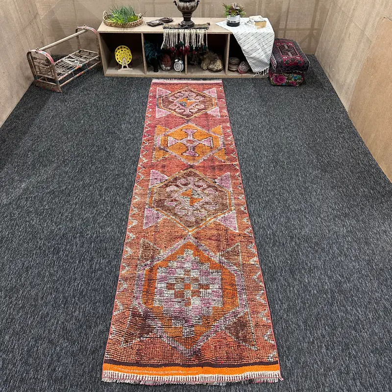 Vintage Turkish Runner Rug 2.9x11.2 ft, Orange Pink Geometric Rug - 1