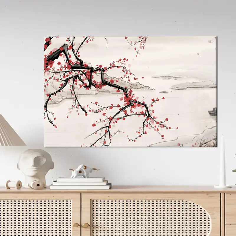 ミニマルな日本の風景木の花柄プリントキャンバスアート