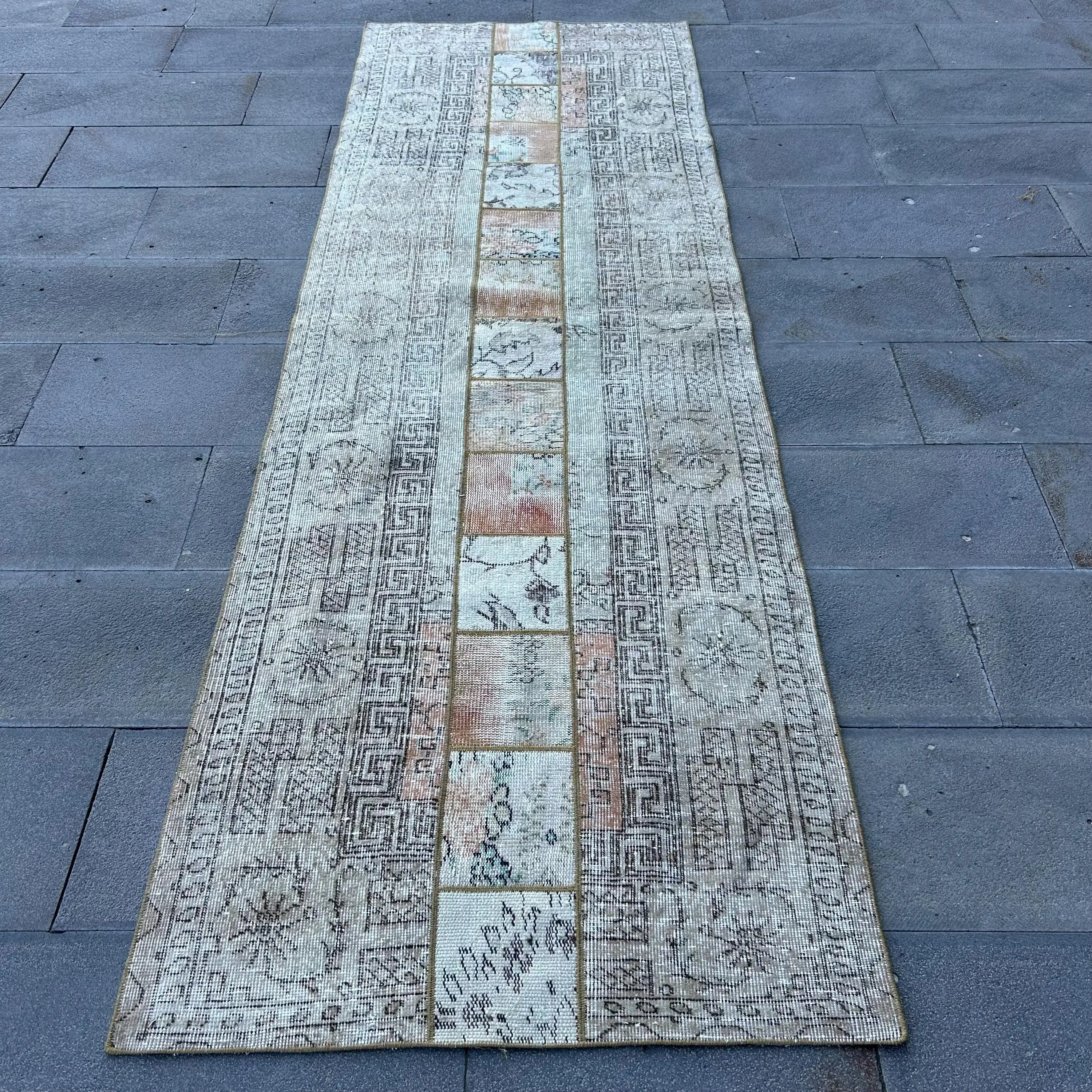Vintage Rug, Runner 3.1x9.3 ft Turkish Rug, Gray Brown Check Wool Rug - 1