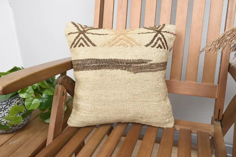 Türkisch gestreifter Beige Kissenbezug, kleines quadratisches 14x14 Zoll marokkanisches Kissen - 1