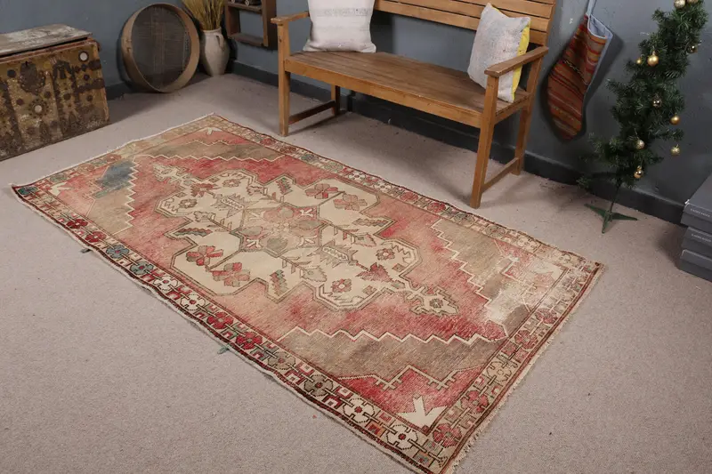 Roter und beigefarbener Blumenteppich, 4,2 x 7,8 Fuß, elegantes Dekor