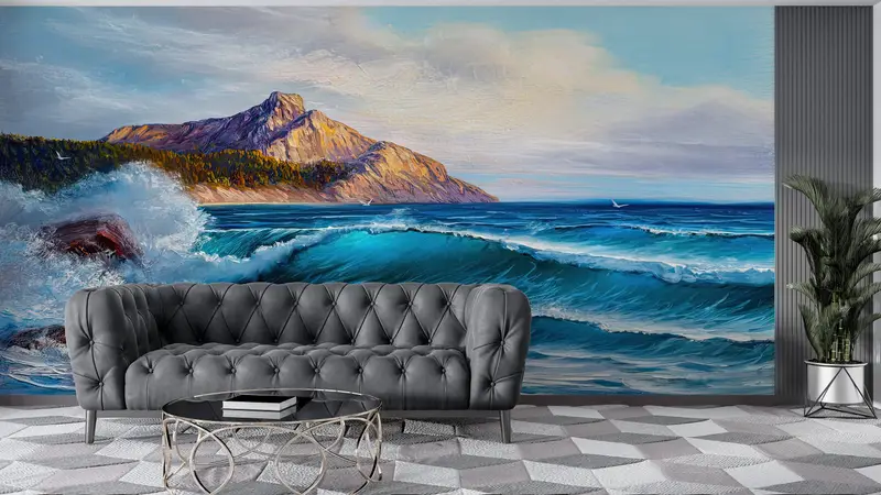 Vawe Landscape Wall Print, Sea Landscape Painting, Bright Wall Paper, Wall Paper Peel and Stick, Custom Wall Paper, Landscape Wallpaper, - 2