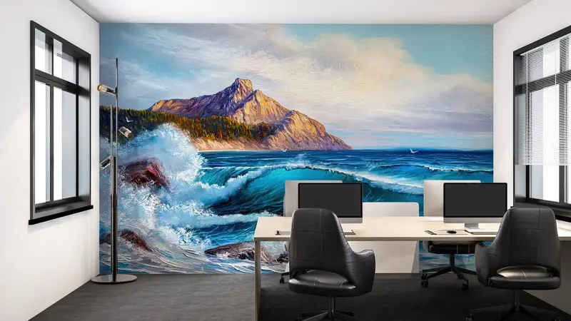 Vawe Landscape Wall Print, Sea Landscape Painting, Bright Wall Paper, Wall Paper Peel and Stick, Custom Wall Paper, Landscape Wallpaper, - 4