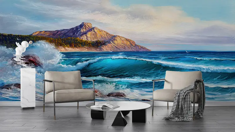 Vawe Landscape Wall Print, Sea Landscape Painting, Bright Wall Paper, Wall Paper Peel and Stick, Custom Wall Paper, Landscape Wallpaper, - 3