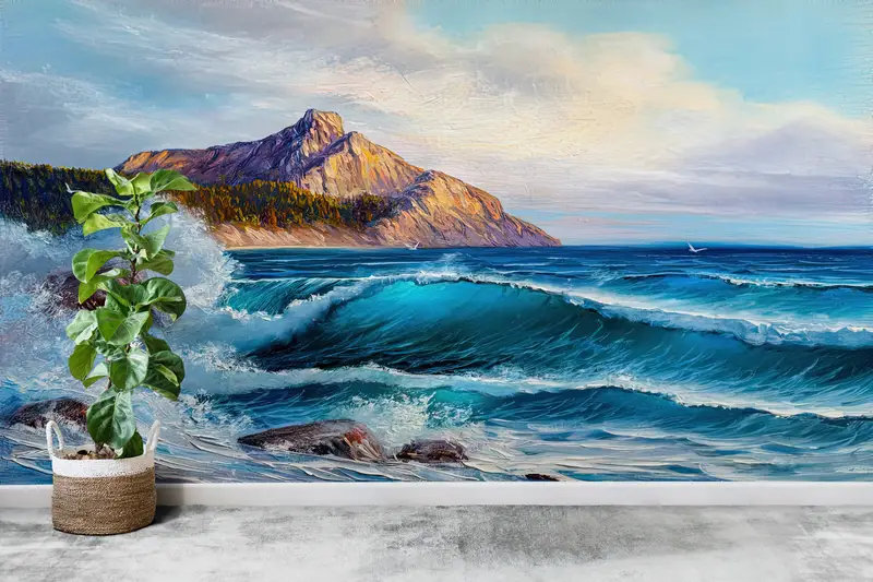 Vawe Landscape Wall Print, Sea Landscape Painting, Bright Wall Paper, Wall Paper Peel and Stick, Custom Wall Paper, Landscape Wallpaper, - 8