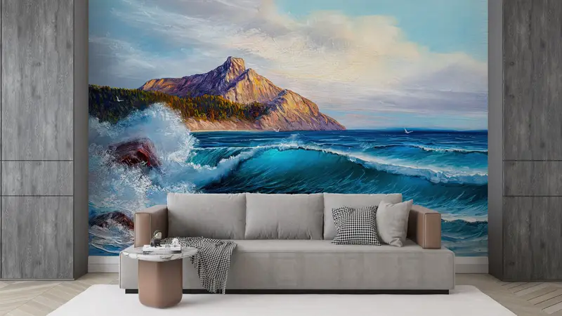 Vawe Landscape Wall Print, Sea Landscape Painting, Bright Wall Paper, Wall Paper Peel and Stick, Custom Wall Paper, Landscape Wallpaper, - 7