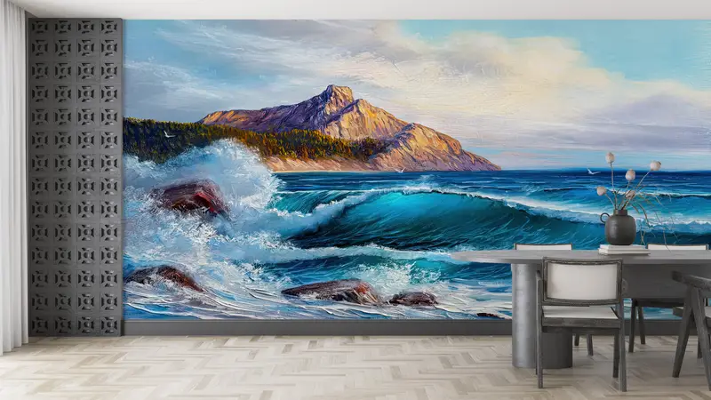 Vawe Landscape Wall Print, Sea Landscape Painting, Bright Wall Paper, Wall Paper Peel and Stick, Custom Wall Paper, Landscape Wallpaper, - 9