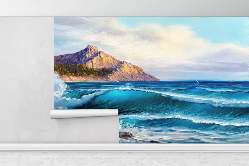 Vawe Landscape Wall Print, Sea Landscape Painting, Bright Wall Paper, Wall Paper Peel and Stick, Custom Wall Paper, Landscape Wallpaper, - 1