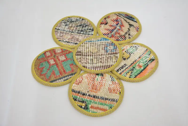 Bohemian Round Coaster, Blue and Beige Non-Slip Pad