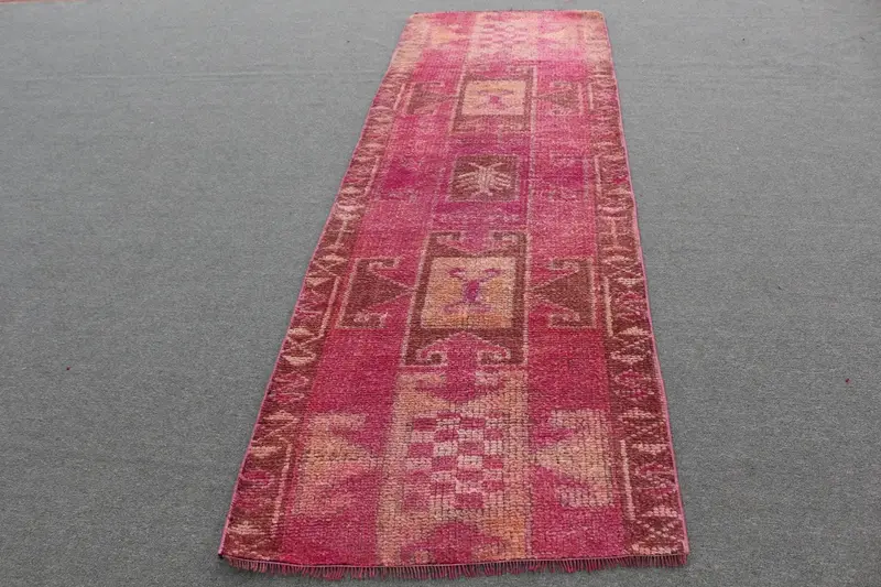 Vintage Türk Halısı, 3x9.2 ft Herki Halı, Kırmızı Kahverengi Kamuflaj Yün Halı - 1