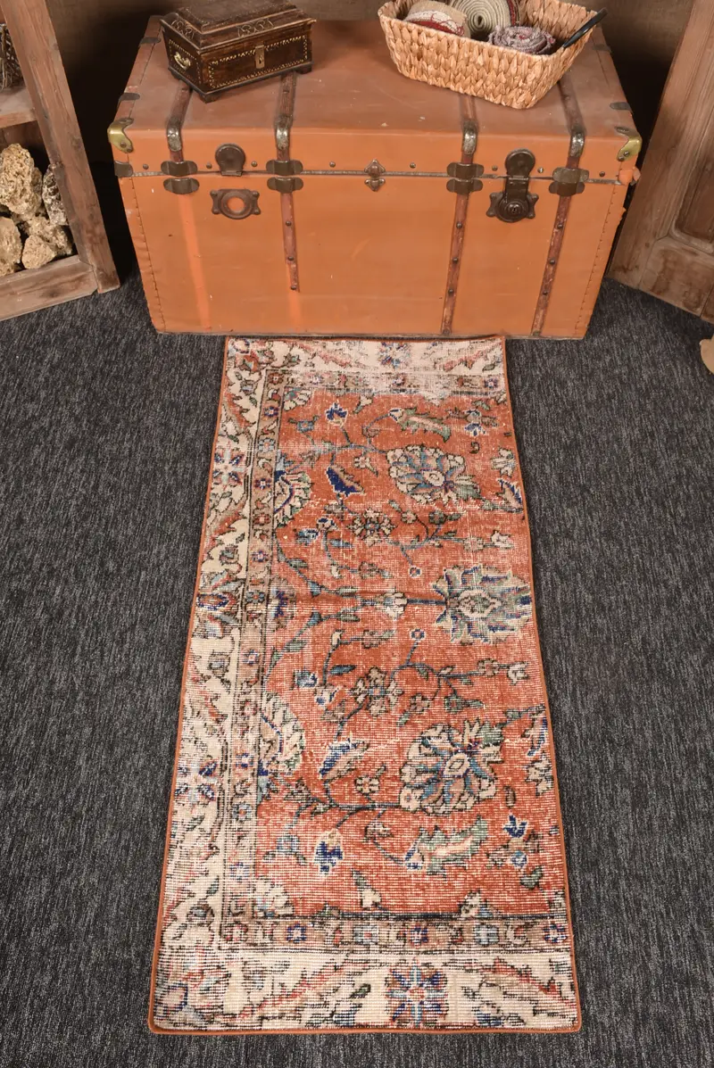 2x4.5 ft Turkish Rug, Vintage Small Rug, Brown Blue Floral Rug - 1