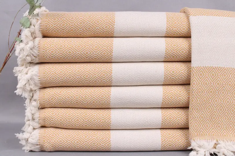 Turkish Beach Towel Personalized Mustard Diamond, Beige, Organic Cotton, 40x71 Inches